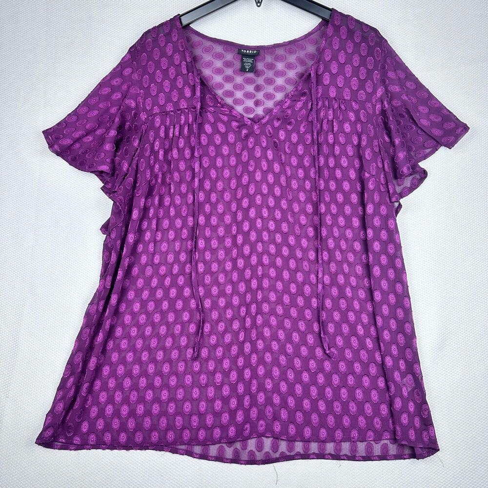 Torrid Blouse Womens 2 Purple Polka Dot Chiffon Tunic Flutter Sleeve Sheer XXL